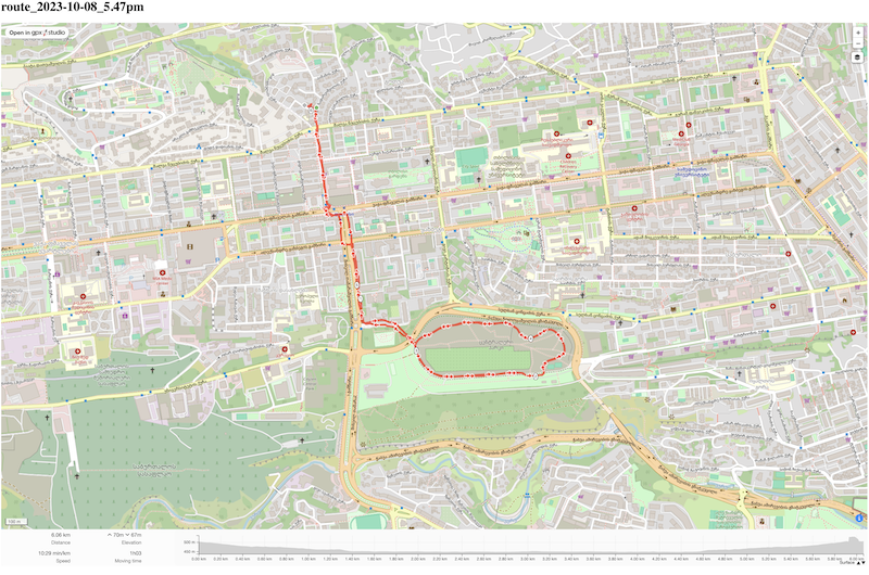 Screenshot of GPX route in browser using gpx.studio iframe. A route is in Saburtalo district of Tbilisi, Georgia
